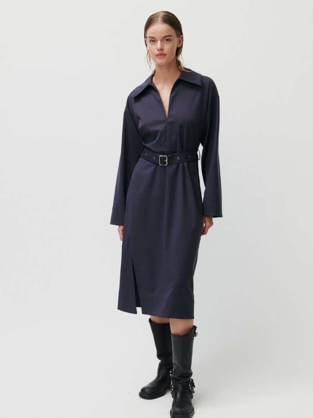 Structured Navy Midi Shirt Dress with Belt long sleeve size US 12 NWT